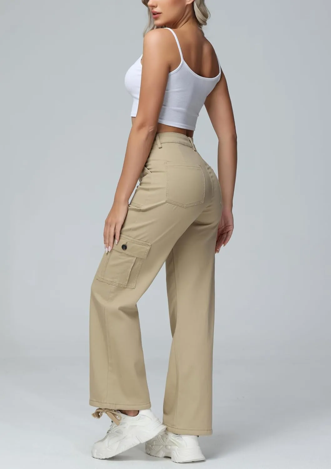 GUNLIRE Cargo Pants Women High Waist Baggy with 6 Pockets Y2K Wide Leg Stretch Straight Fit Elastic Slacks Streetwear