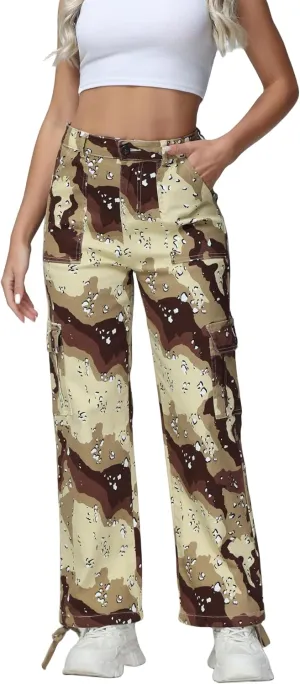 GUNLIRE Cargo Pants Women High Waist Baggy with 6 Pockets Y2K Wide Leg Stretch Straight Fit Elastic Slacks Streetwear