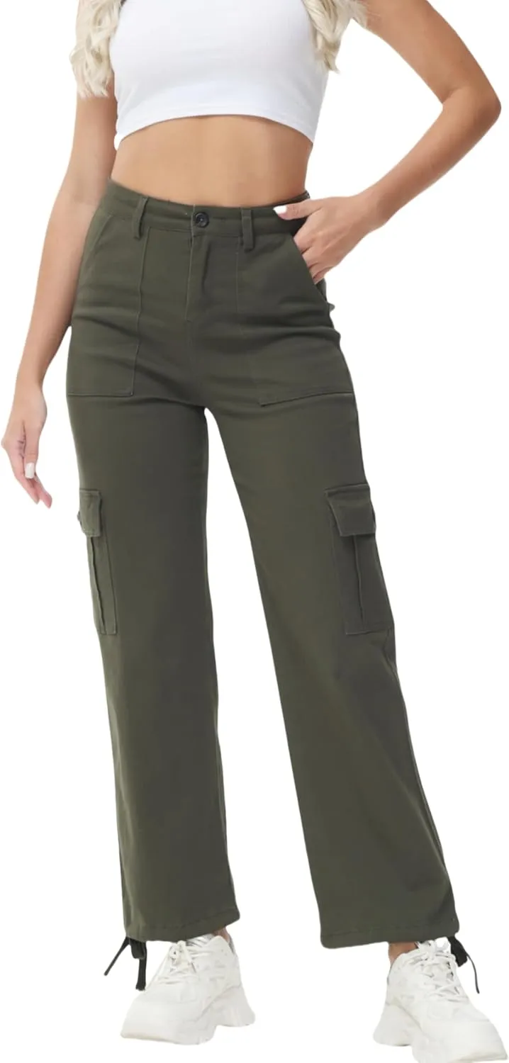 GUNLIRE Cargo Pants Women High Waist Baggy with 6 Pockets Y2K Wide Leg Stretch Straight Fit Elastic Slacks Streetwear