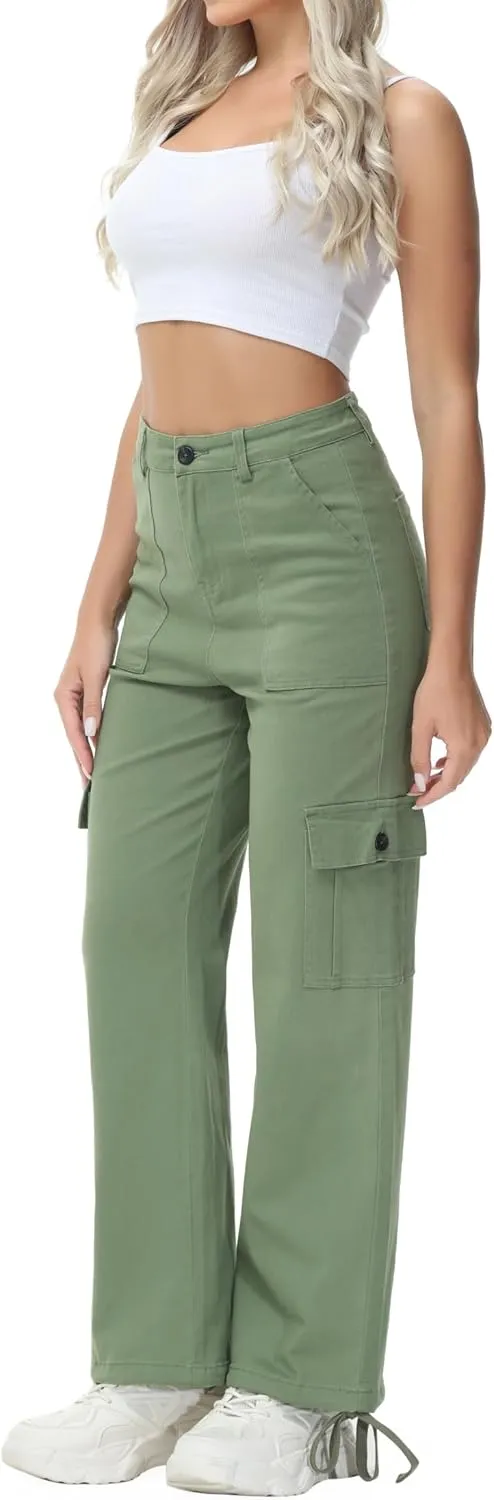GUNLIRE Cargo Pants Women High Waist Baggy with 6 Pockets Y2K Wide Leg Stretch Straight Fit Elastic Slacks Streetwear