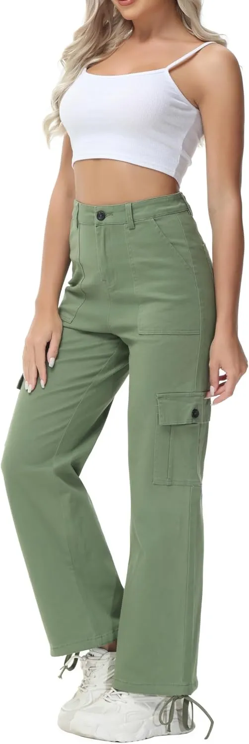 GUNLIRE Cargo Pants Women High Waist Baggy with 6 Pockets Y2K Wide Leg Stretch Straight Fit Elastic Slacks Streetwear