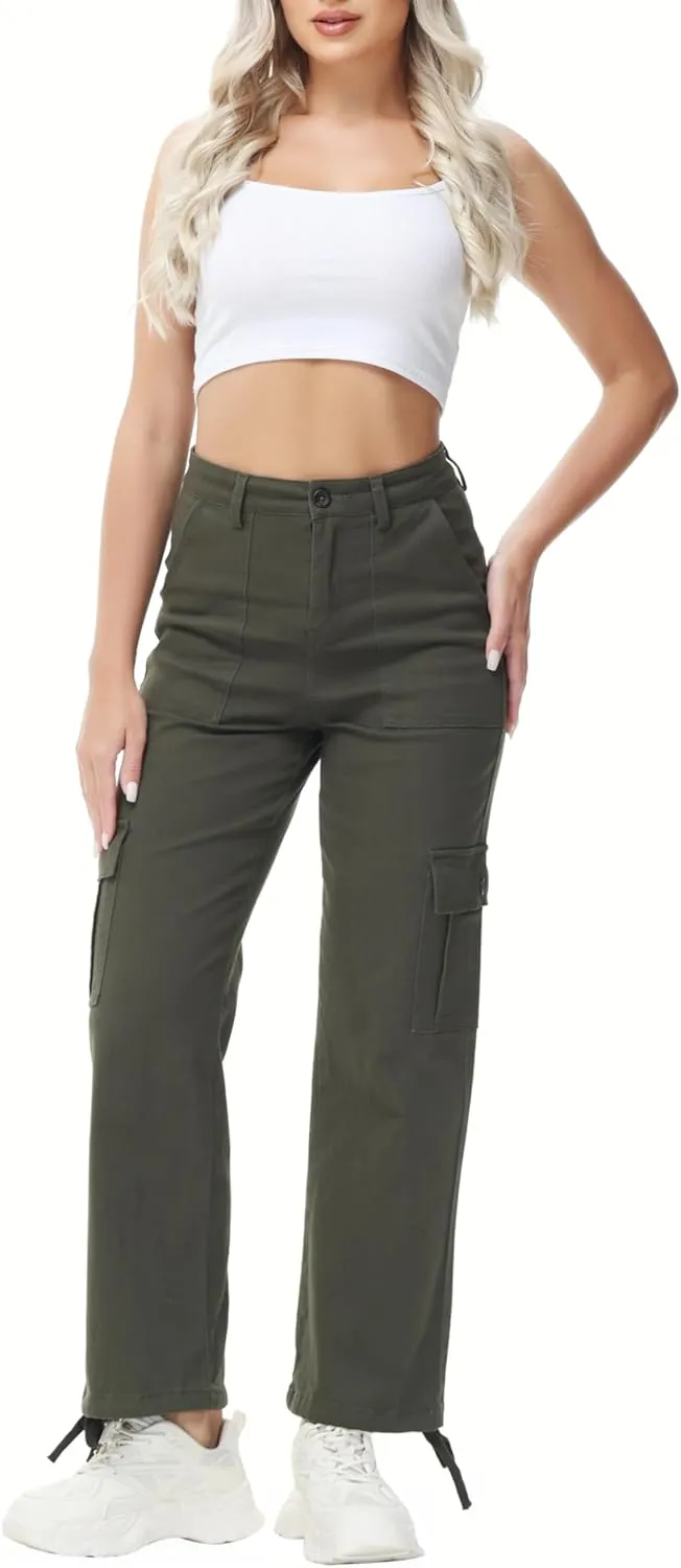GUNLIRE Cargo Pants Women High Waist Baggy with 6 Pockets Y2K Wide Leg Stretch Straight Fit Elastic Slacks Streetwear