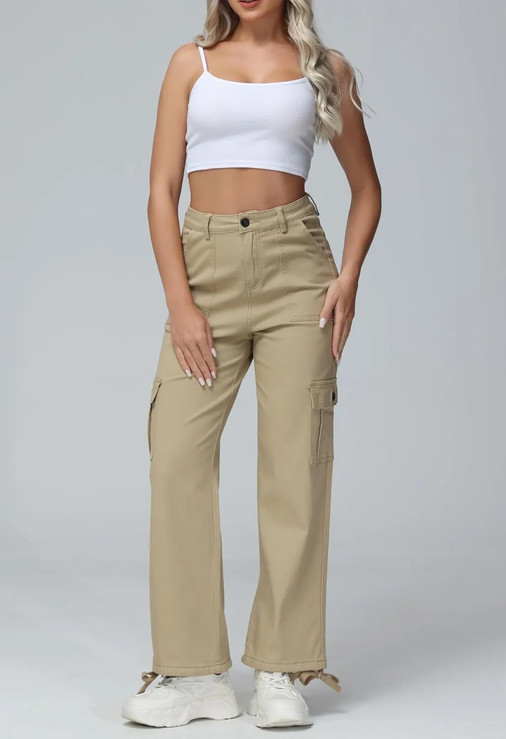 GUNLIRE Cargo Pants Women High Waist Baggy with 6 Pockets Y2K Wide Leg Stretch Straight Fit Elastic Slacks Streetwear