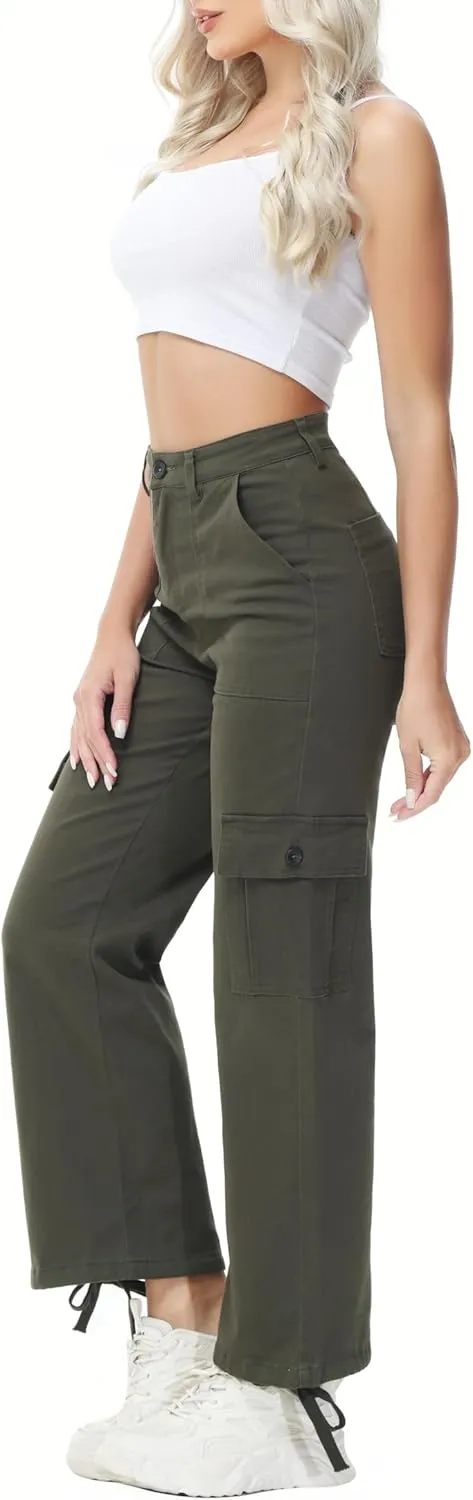 GUNLIRE Cargo Pants Women High Waist Baggy with 6 Pockets Y2K Wide Leg Stretch Straight Fit Elastic Slacks Streetwear