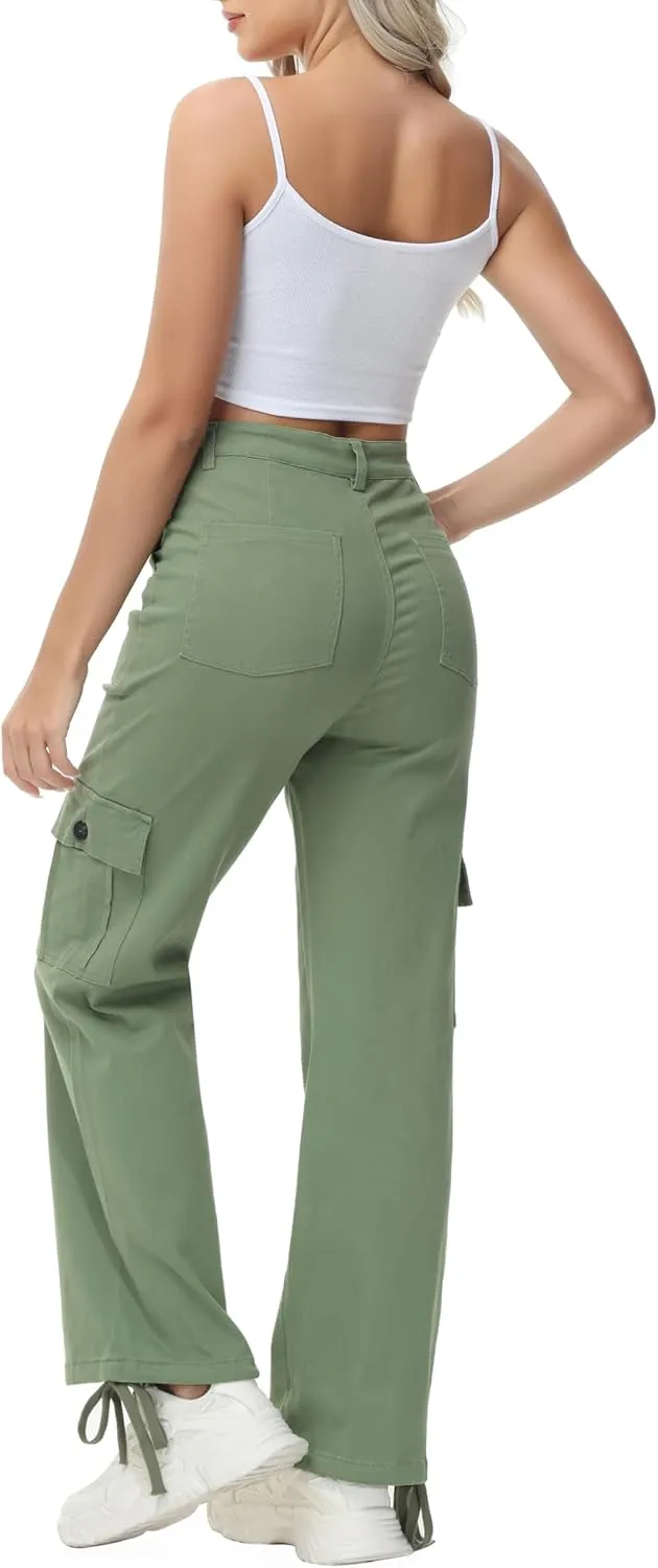 GUNLIRE Cargo Pants Women High Waist Baggy with 6 Pockets Y2K Wide Leg Stretch Straight Fit Elastic Slacks Streetwear