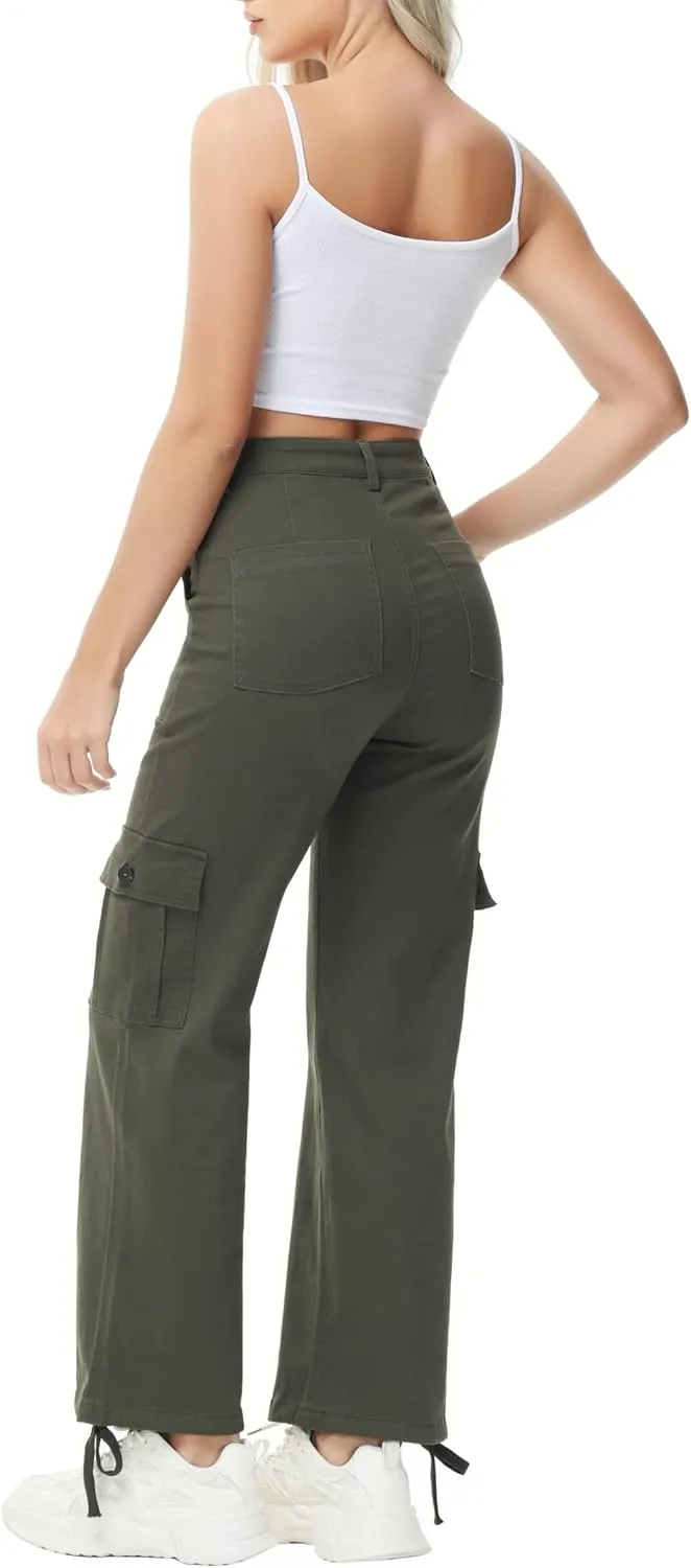 GUNLIRE Cargo Pants Women High Waist Baggy with 6 Pockets Y2K Wide Leg Stretch Straight Fit Elastic Slacks Streetwear