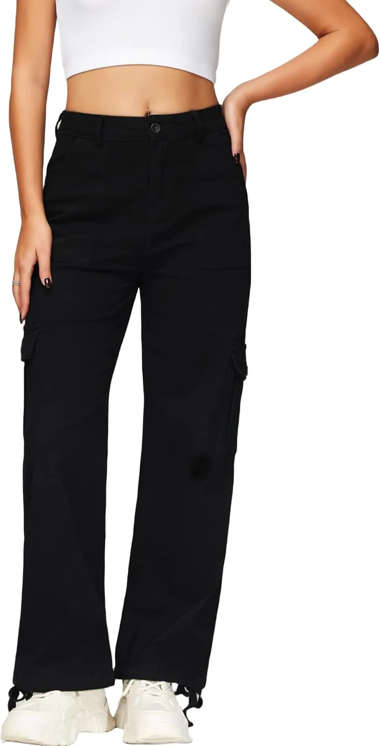 GUNLIRE Cargo Pants Women High Waist Baggy with 6 Pockets Y2K Wide Leg Stretch Straight Fit Elastic Slacks Streetwear