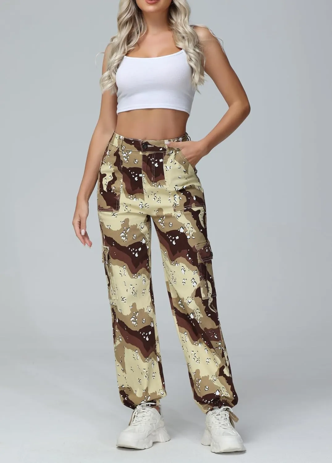 GUNLIRE Cargo Pants Women High Waist Baggy with 6 Pockets Y2K Wide Leg Stretch Straight Fit Elastic Slacks Streetwear