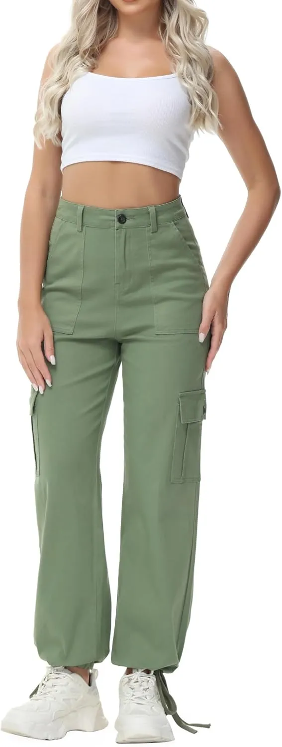 GUNLIRE Cargo Pants Women High Waist Baggy with 6 Pockets Y2K Wide Leg Stretch Straight Fit Elastic Slacks Streetwear