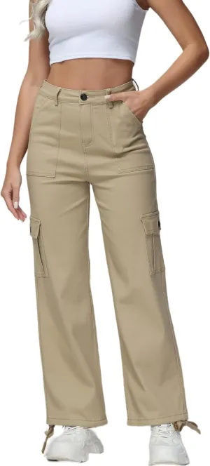 GUNLIRE Cargo Pants Women High Waist Baggy with 6 Pockets Y2K Wide Leg Stretch Straight Fit Elastic Slacks Streetwear