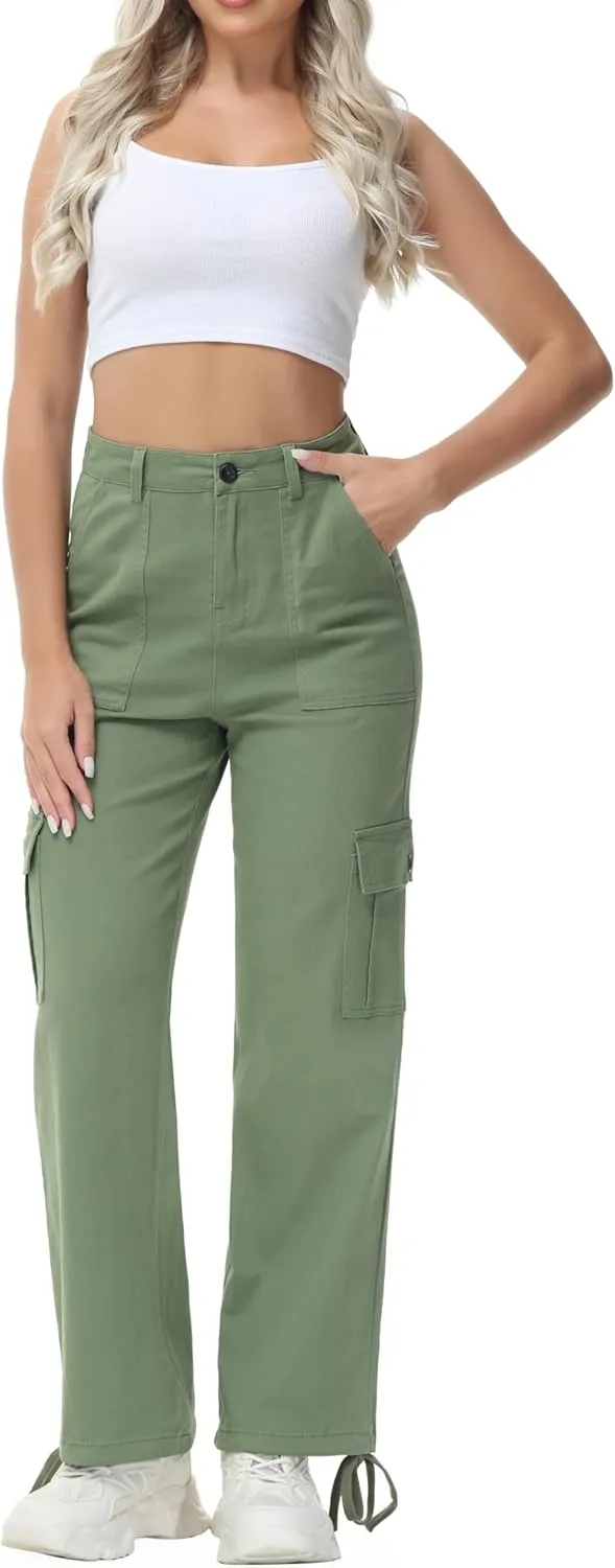 GUNLIRE Cargo Pants Women High Waist Baggy with 6 Pockets Y2K Wide Leg Stretch Straight Fit Elastic Slacks Streetwear