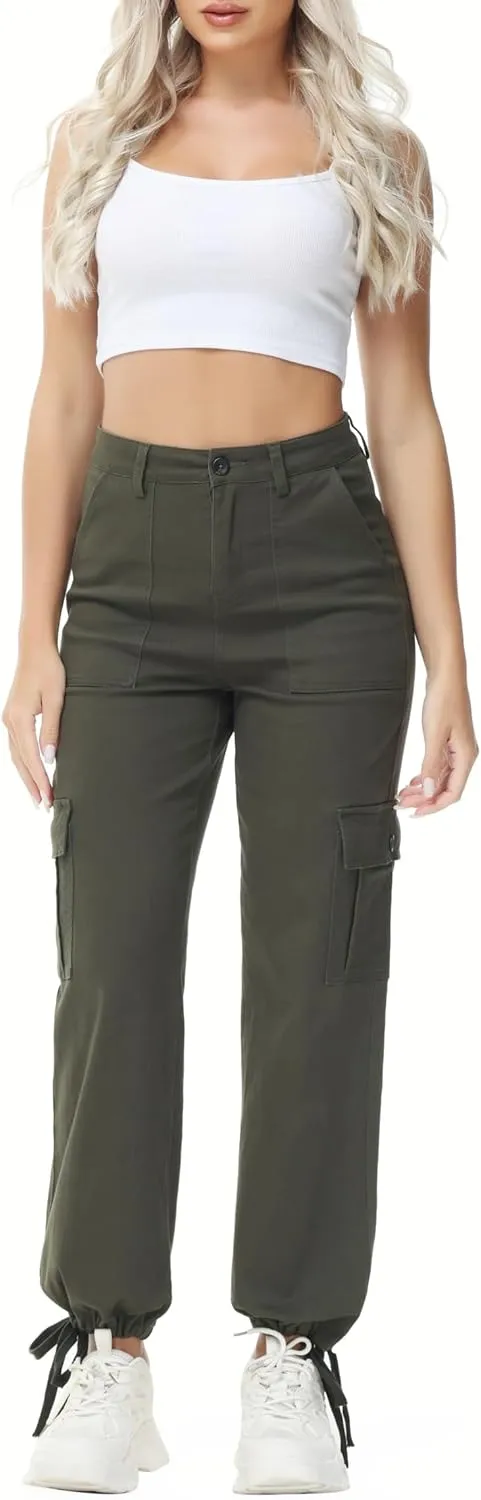 GUNLIRE Cargo Pants Women High Waist Baggy with 6 Pockets Y2K Wide Leg Stretch Straight Fit Elastic Slacks Streetwear
