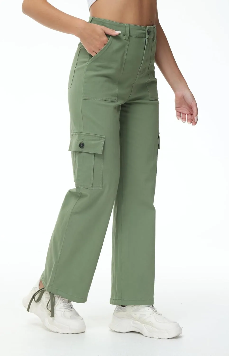 GUNLIRE Cargo Pants Women High Waist Baggy with 6 Pockets Y2K Wide Leg Stretch Straight Fit Elastic Slacks Streetwear