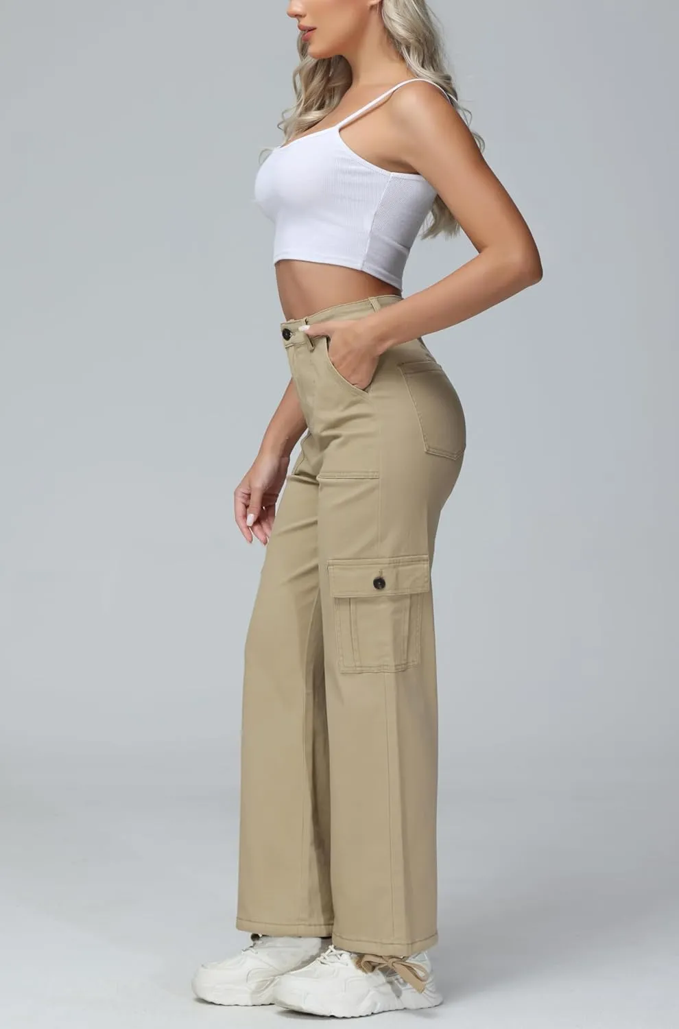 GUNLIRE Cargo Pants Women High Waist Baggy with 6 Pockets Y2K Wide Leg Stretch Straight Fit Elastic Slacks Streetwear