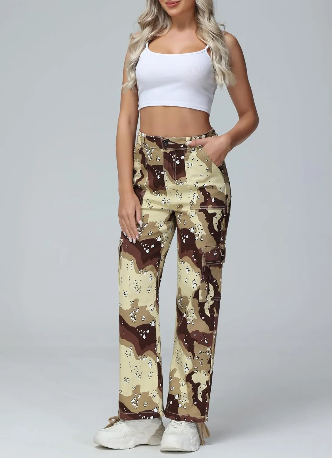 GUNLIRE Cargo Pants Women High Waist Baggy with 6 Pockets Y2K Wide Leg Stretch Straight Fit Elastic Slacks Streetwear