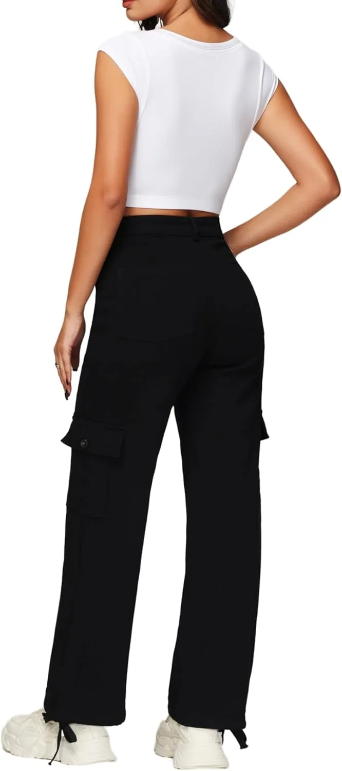 GUNLIRE Cargo Pants Women High Waist Baggy with 6 Pockets Y2K Wide Leg Stretch Straight Fit Elastic Slacks Streetwear