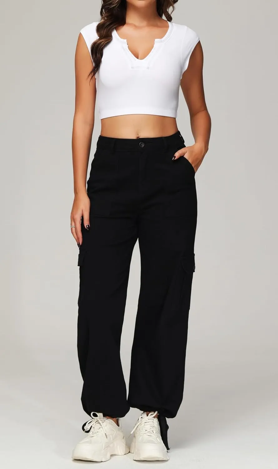 GUNLIRE Cargo Pants Women High Waist Baggy with 6 Pockets Y2K Wide Leg Stretch Straight Fit Elastic Slacks Streetwear