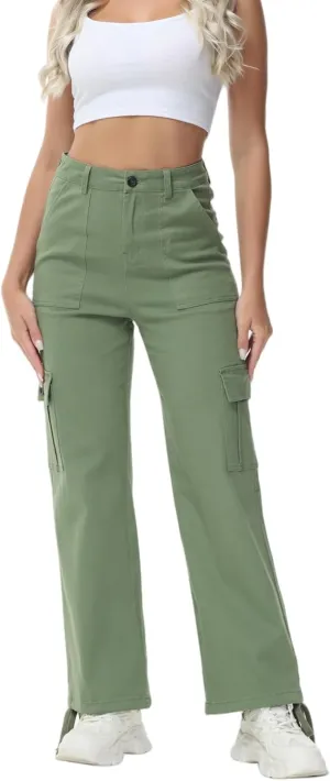 GUNLIRE Cargo Pants Women High Waist Baggy with 6 Pockets Y2K Wide Leg Stretch Straight Fit Elastic Slacks Streetwear
