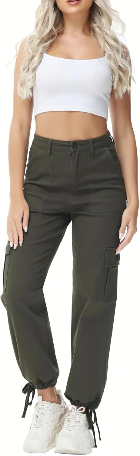 GUNLIRE Cargo Pants Women High Waist Baggy with 6 Pockets Y2K Wide Leg Stretch Straight Fit Elastic Slacks Streetwear