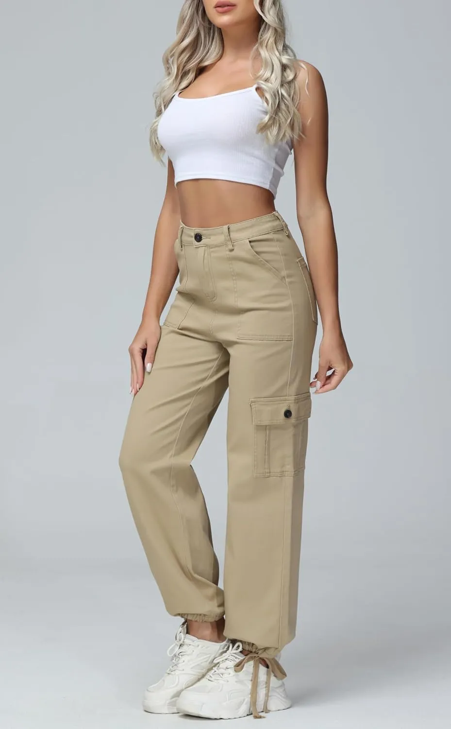 GUNLIRE Cargo Pants Women High Waist Baggy with 6 Pockets Y2K Wide Leg Stretch Straight Fit Elastic Slacks Streetwear