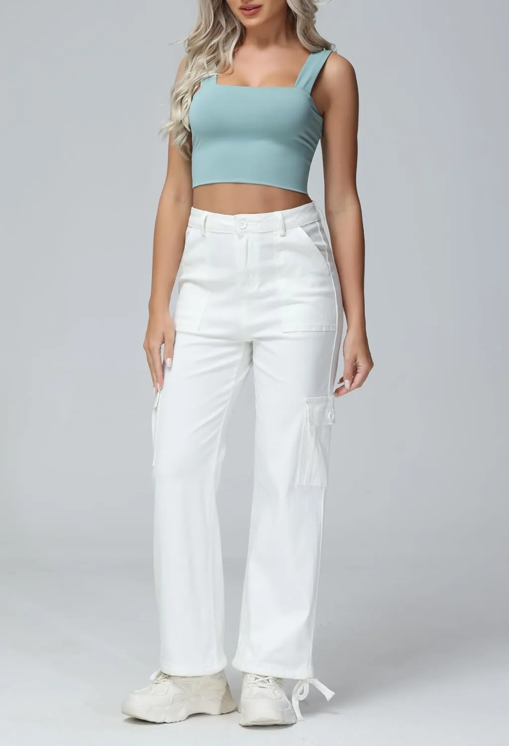 GUNLIRE Cargo Pants Women High Waist Baggy with 6 Pockets Y2K Wide Leg Stretch Straight Fit Elastic Slacks Streetwear