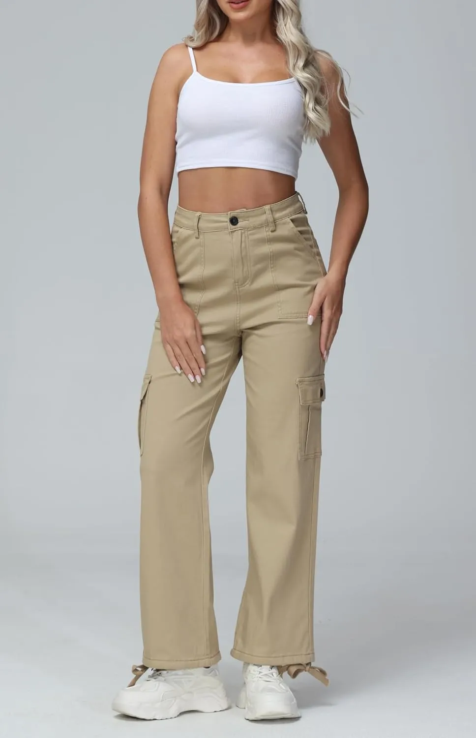 GUNLIRE Cargo Pants Women High Waist Baggy with 6 Pockets Y2K Wide Leg Stretch Straight Fit Elastic Slacks Streetwear