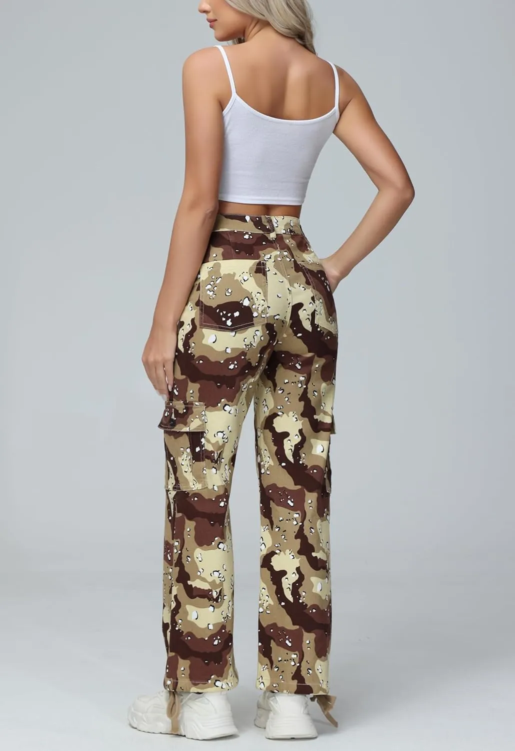 GUNLIRE Cargo Pants Women High Waist Baggy with 6 Pockets Y2K Wide Leg Stretch Straight Fit Elastic Slacks Streetwear