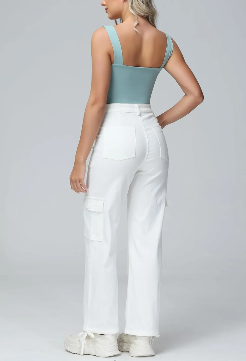 GUNLIRE Cargo Pants Women High Waist Baggy with 6 Pockets Y2K Wide Leg Stretch Straight Fit Elastic Slacks Streetwear