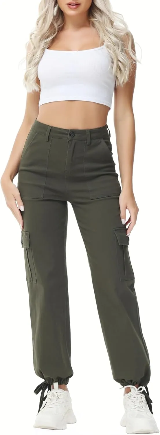 GUNLIRE Cargo Pants Women High Waist Baggy with 6 Pockets Y2K Wide Leg Stretch Straight Fit Elastic Slacks Streetwear
