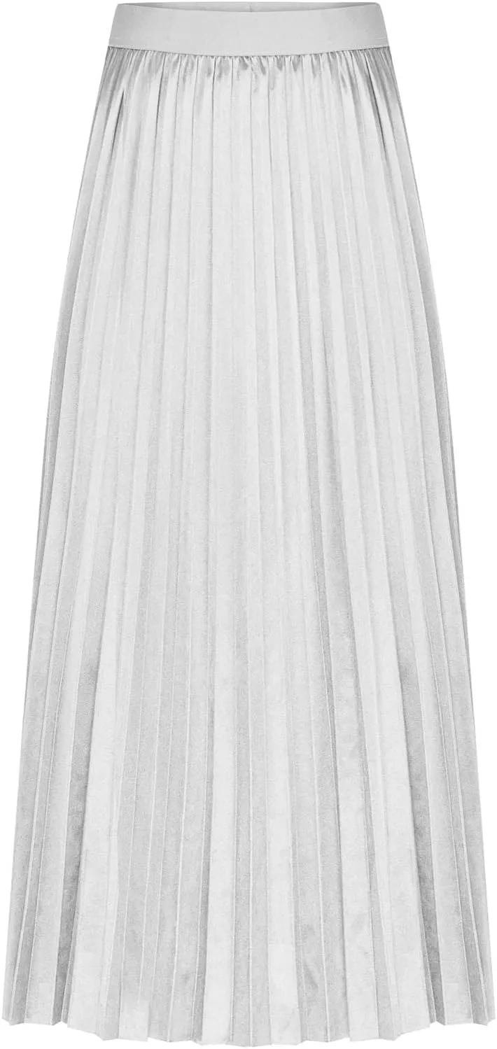 HGps8w Women's Metallic Shiny Shimmer Accordion Pleated Skirts Elegant Elastic Waist Party Long Maxi Skirt