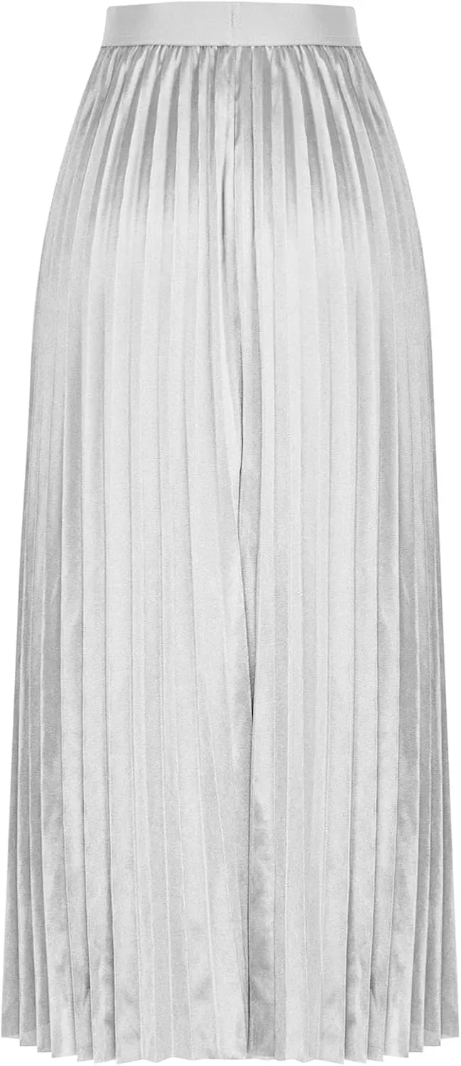 HGps8w Women's Metallic Shiny Shimmer Accordion Pleated Skirts Elegant Elastic Waist Party Long Maxi Skirt
