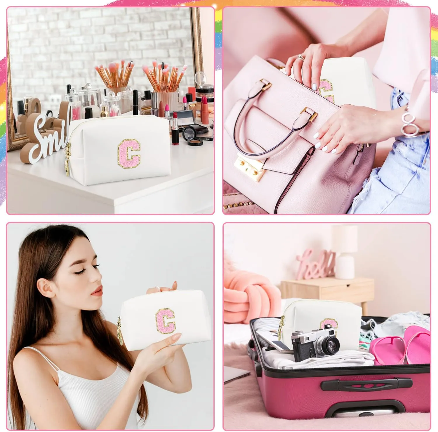 Initial Makeup Bag,Personalized preppy bag Waterproof PU Leather Chenille Letter Cosmetic Bag,Portable Travel Toiletry Bag Monogram Birthday Gift for Women Girls Mom Friends (Letter C)