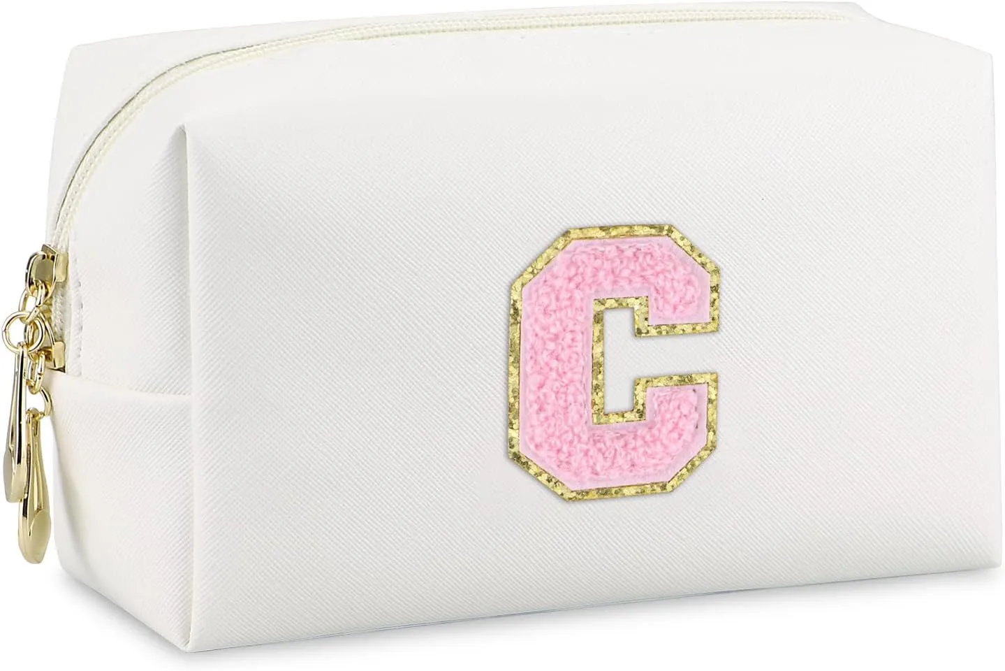 Initial Makeup Bag,Personalized preppy bag Waterproof PU Leather Chenille Letter Cosmetic Bag,Portable Travel Toiletry Bag Monogram Birthday Gift for Women Girls Mom Friends (Letter C)