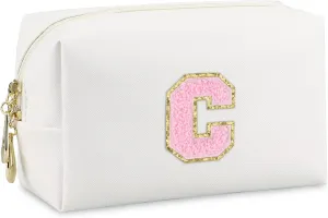 Initial Makeup Bag,Personalized preppy bag Waterproof PU Leather Chenille Letter Cosmetic Bag,Portable Travel Toiletry Bag Monogram Birthday Gift for Women Girls Mom Friends (Letter C)