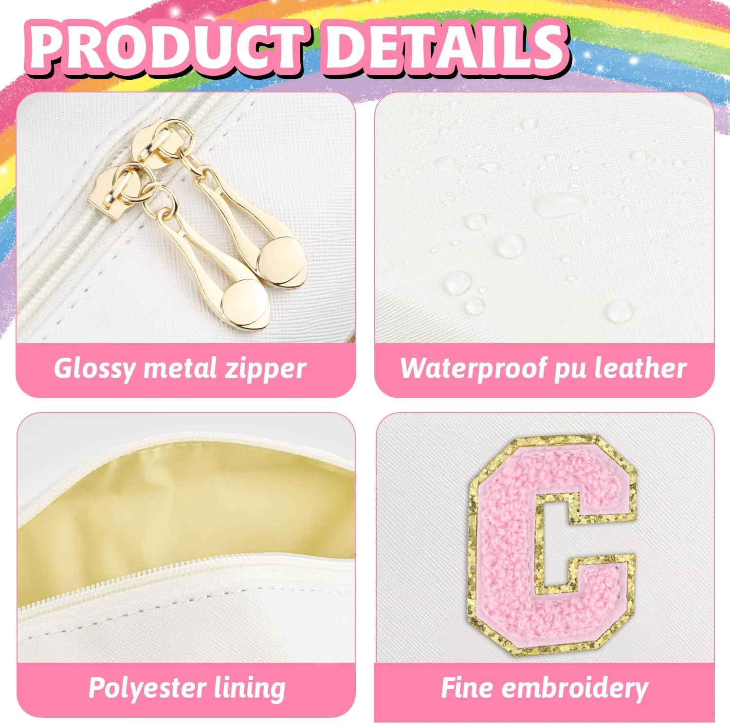 Initial Makeup Bag,Personalized preppy bag Waterproof PU Leather Chenille Letter Cosmetic Bag,Portable Travel Toiletry Bag Monogram Birthday Gift for Women Girls Mom Friends (Letter C)