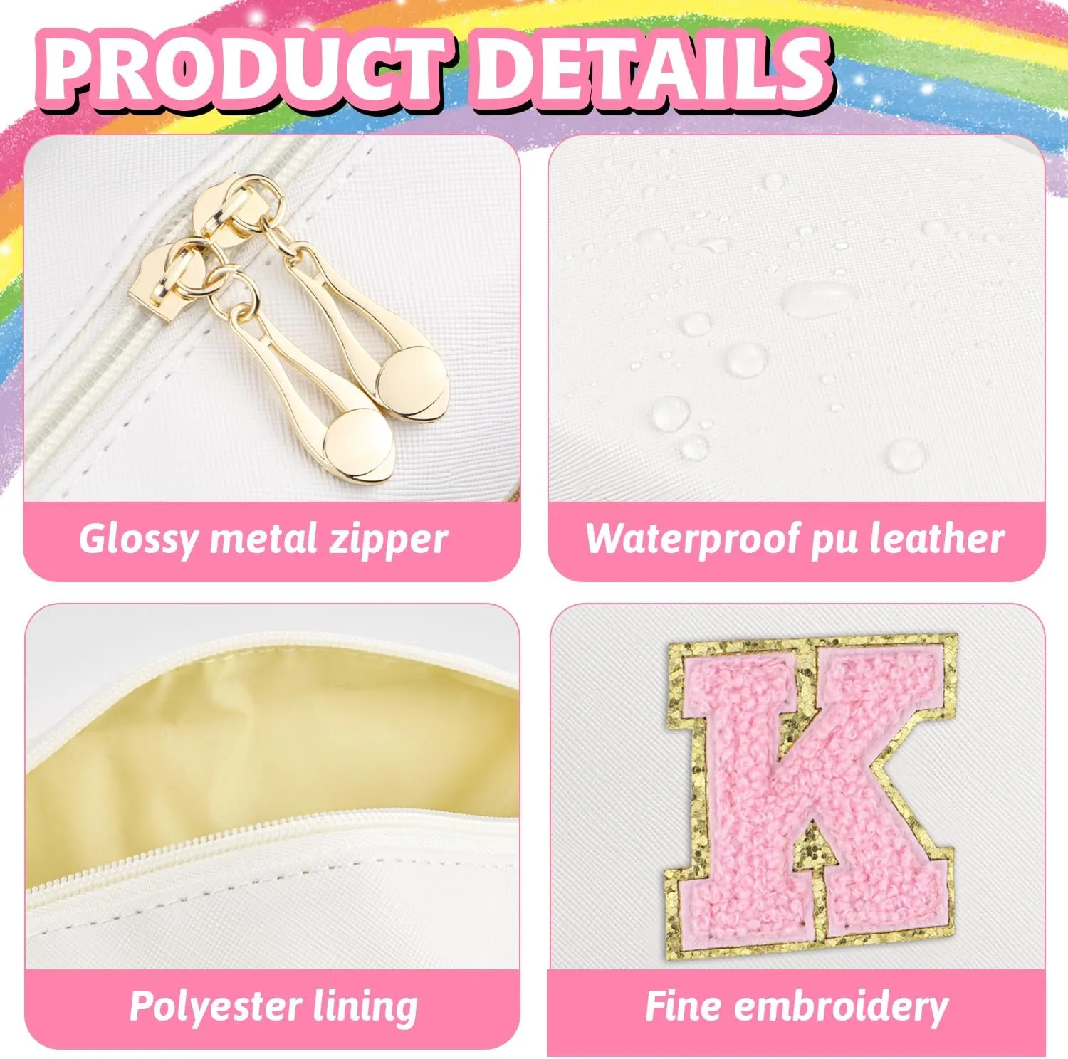 Initial Makeup Bag,Personalized preppy bag Waterproof PU Leather Chenille Letter Cosmetic Bag,Portable Travel Toiletry Bag Monogram Birthday Gift for Women Girls Mom Friends (Letter K)
