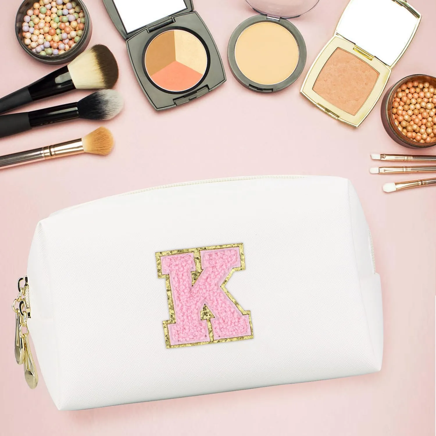 Initial Makeup Bag,Personalized preppy bag Waterproof PU Leather Chenille Letter Cosmetic Bag,Portable Travel Toiletry Bag Monogram Birthday Gift for Women Girls Mom Friends (Letter K)