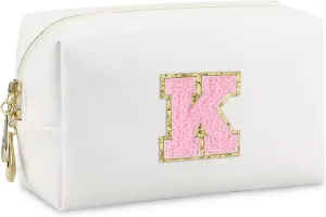 Initial Makeup Bag,Personalized preppy bag Waterproof PU Leather Chenille Letter Cosmetic Bag,Portable Travel Toiletry Bag Monogram Birthday Gift for Women Girls Mom Friends (Letter K)