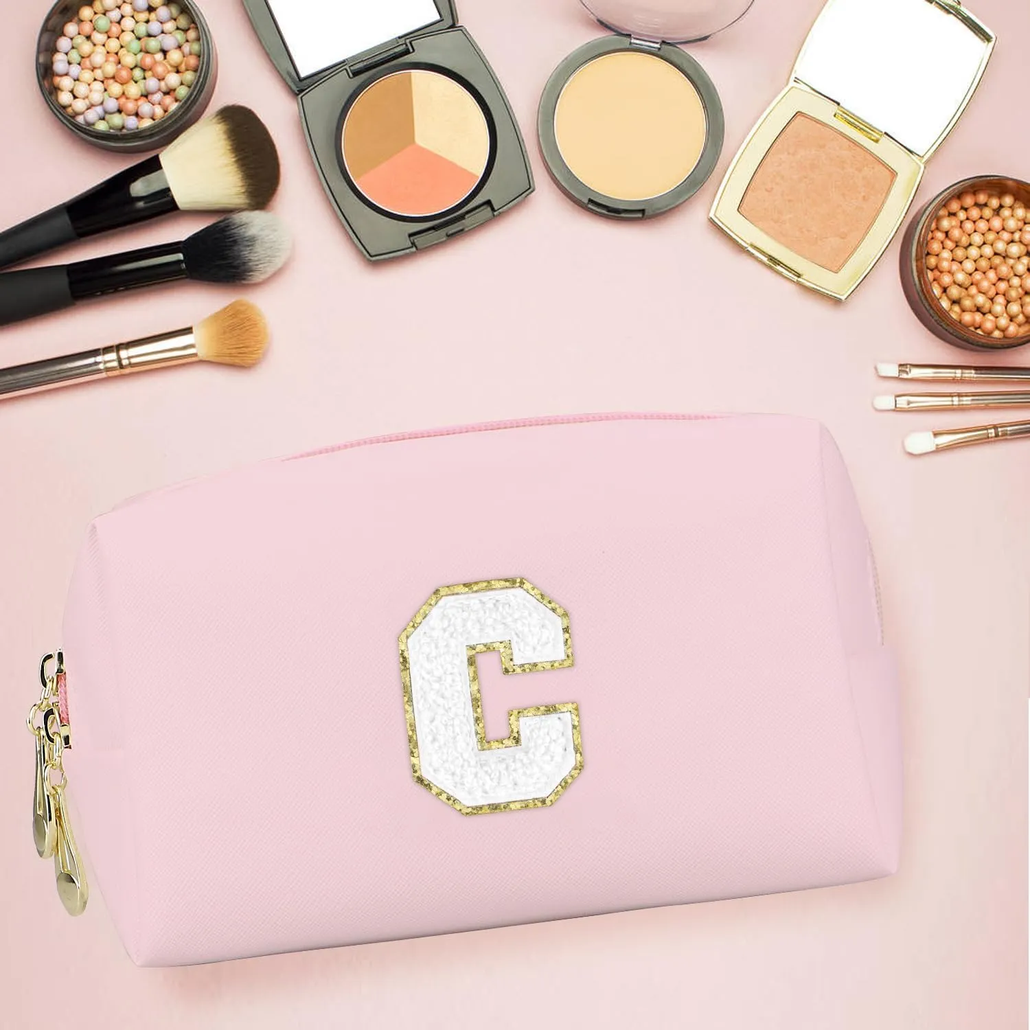 Initial Makeup Bag,Personalized preppy bag Waterproof PU Leather Chenille Letter Cosmetic Bag,Portable Travel Toiletry Bag Monogram Birthday Gift for Women Girls Mom Friends (Pink C)