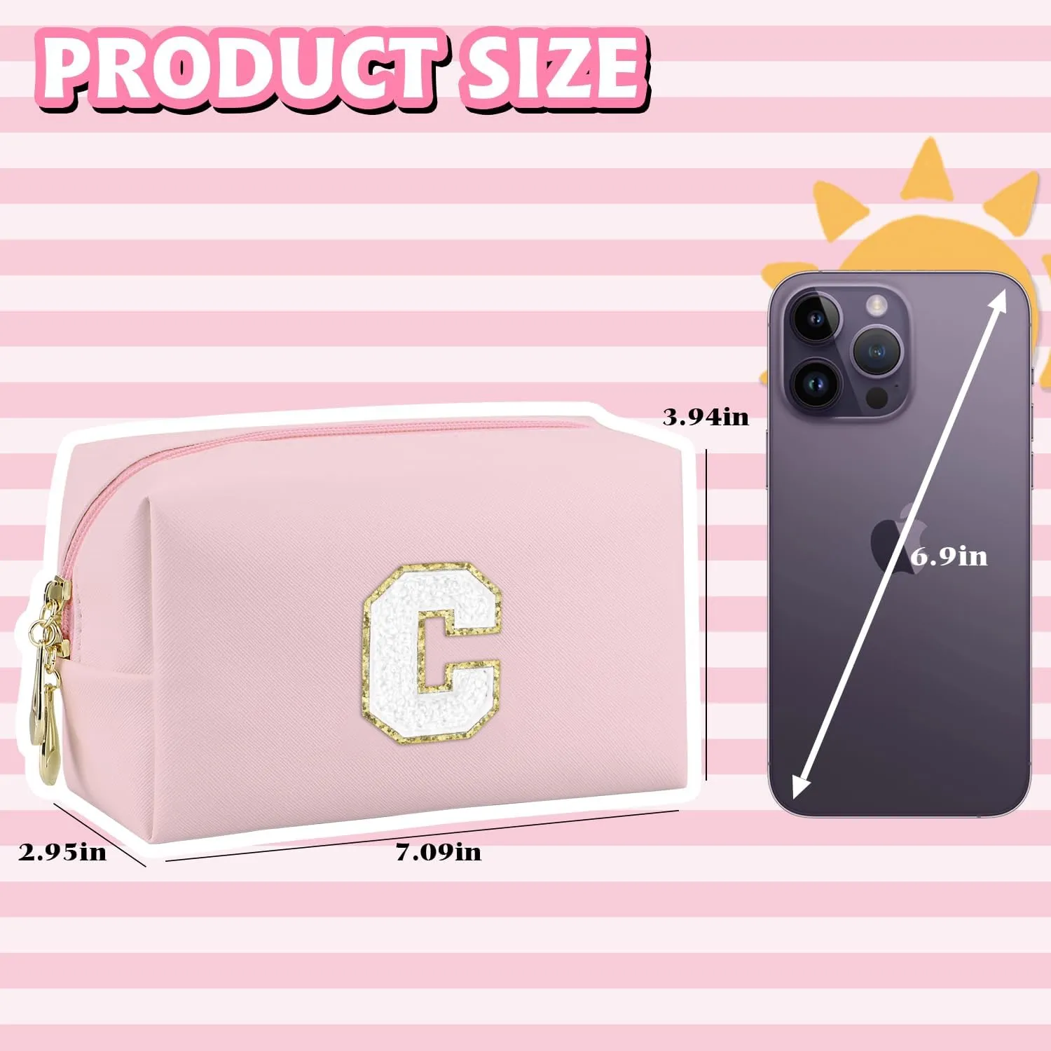 Initial Makeup Bag,Personalized preppy bag Waterproof PU Leather Chenille Letter Cosmetic Bag,Portable Travel Toiletry Bag Monogram Birthday Gift for Women Girls Mom Friends (Pink C)
