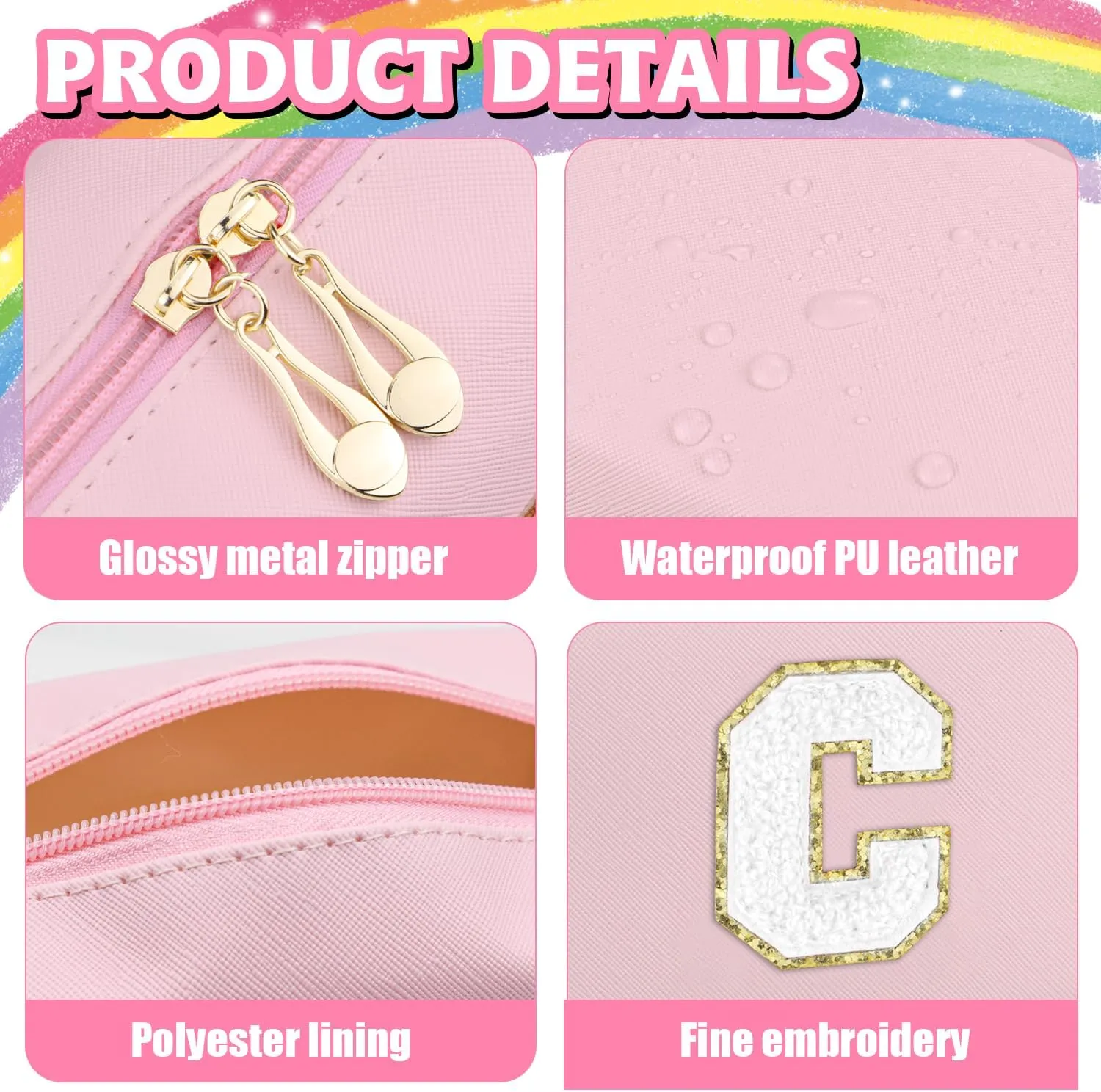 Initial Makeup Bag,Personalized preppy bag Waterproof PU Leather Chenille Letter Cosmetic Bag,Portable Travel Toiletry Bag Monogram Birthday Gift for Women Girls Mom Friends (Pink C)