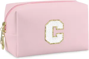 Initial Makeup Bag,Personalized preppy bag Waterproof PU Leather Chenille Letter Cosmetic Bag,Portable Travel Toiletry Bag Monogram Birthday Gift for Women Girls Mom Friends (Pink C)