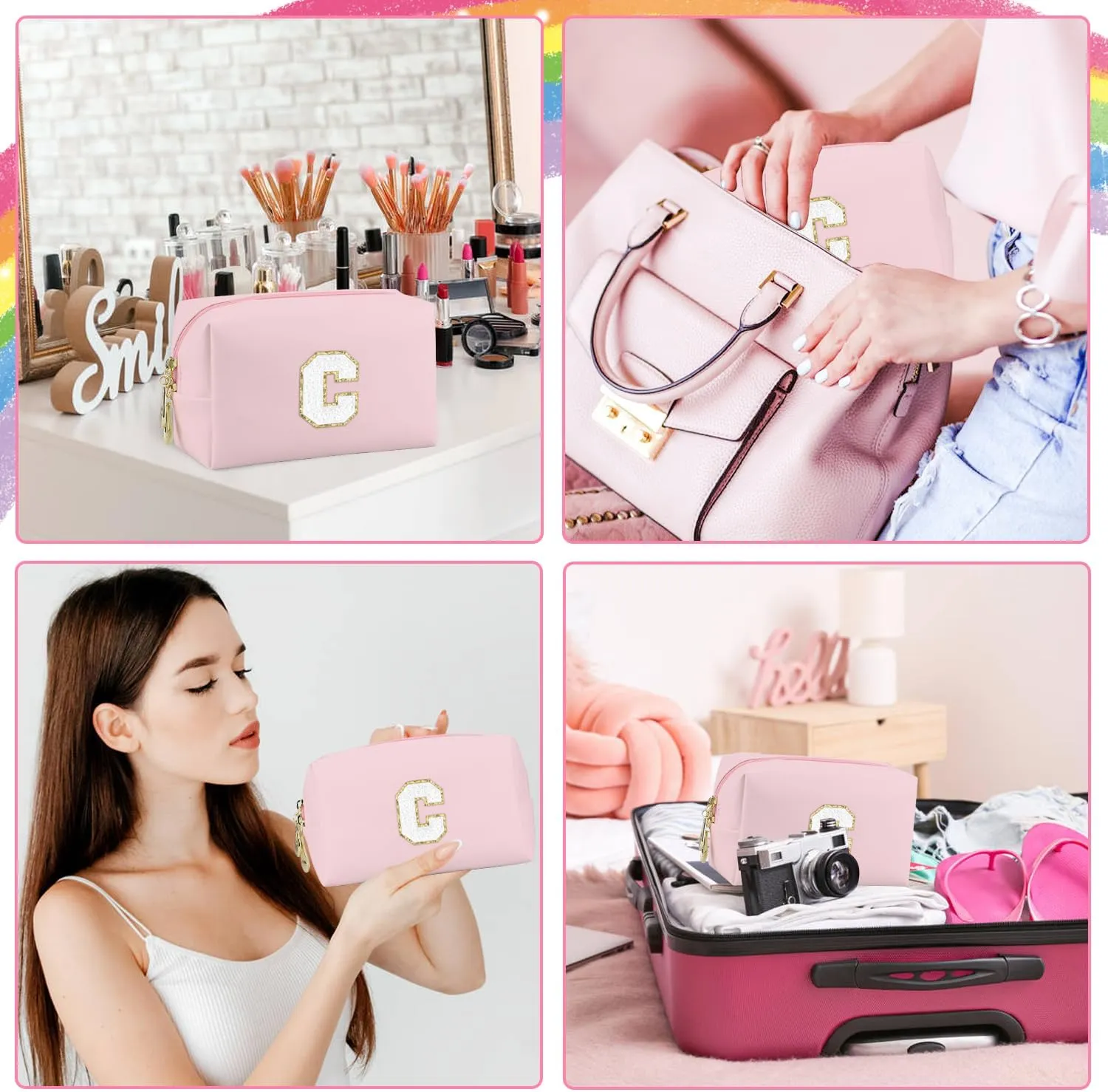 Initial Makeup Bag,Personalized preppy bag Waterproof PU Leather Chenille Letter Cosmetic Bag,Portable Travel Toiletry Bag Monogram Birthday Gift for Women Girls Mom Friends (Pink C)