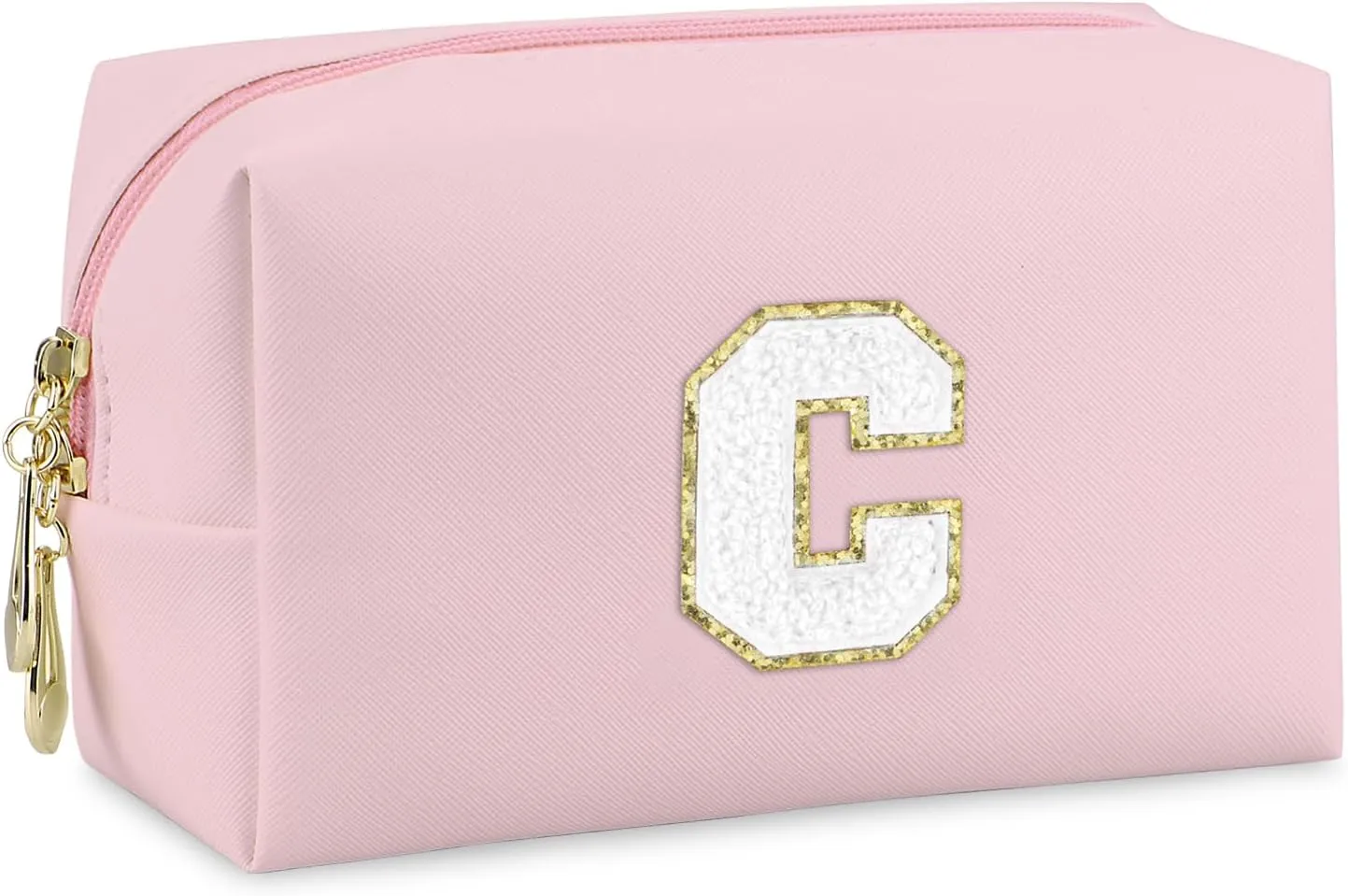 Initial Makeup Bag,Personalized preppy bag Waterproof PU Leather Chenille Letter Cosmetic Bag,Portable Travel Toiletry Bag Monogram Birthday Gift for Women Girls Mom Friends (Pink C)