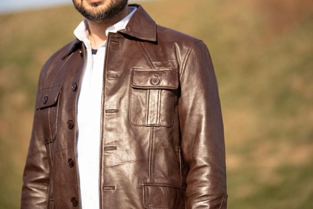 Isaac & David Chicago Leather Jacket - Men's Vintage Four Pocket Genuine Leather Jacket with Shirt Collar and Five Buttons