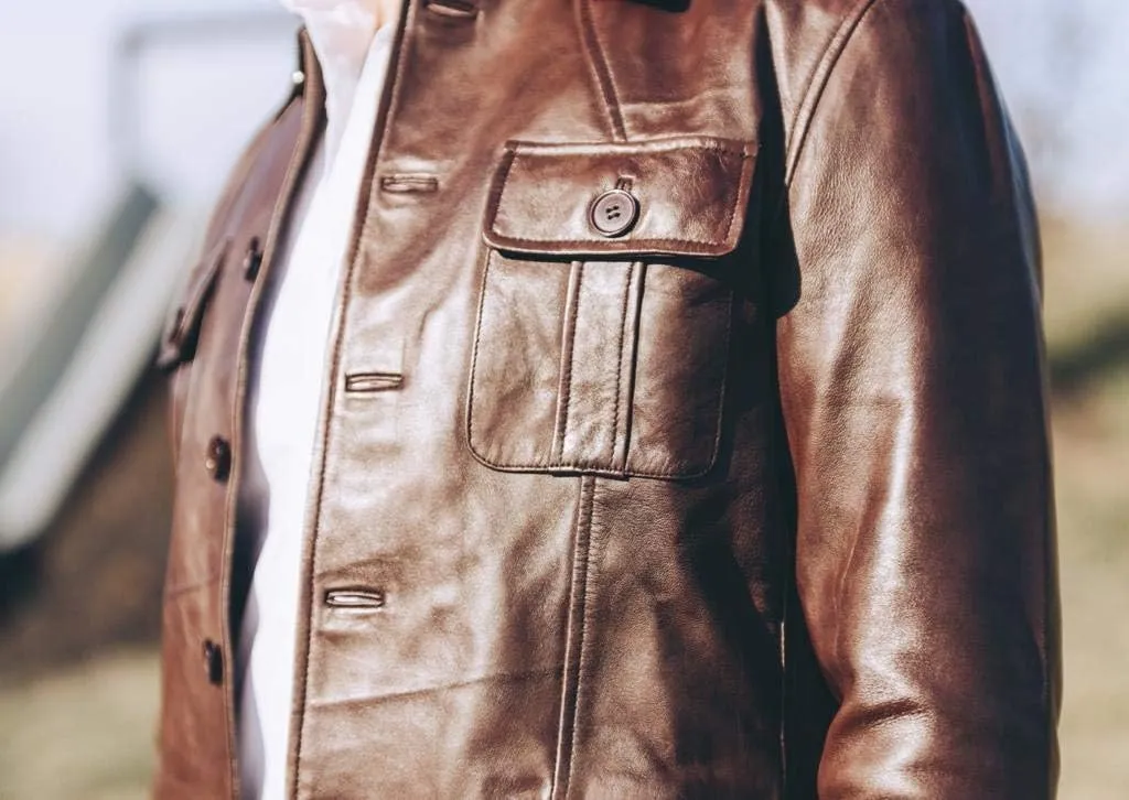 Isaac & David Chicago Leather Jacket - Men's Vintage Four Pocket Genuine Leather Jacket with Shirt Collar and Five Buttons