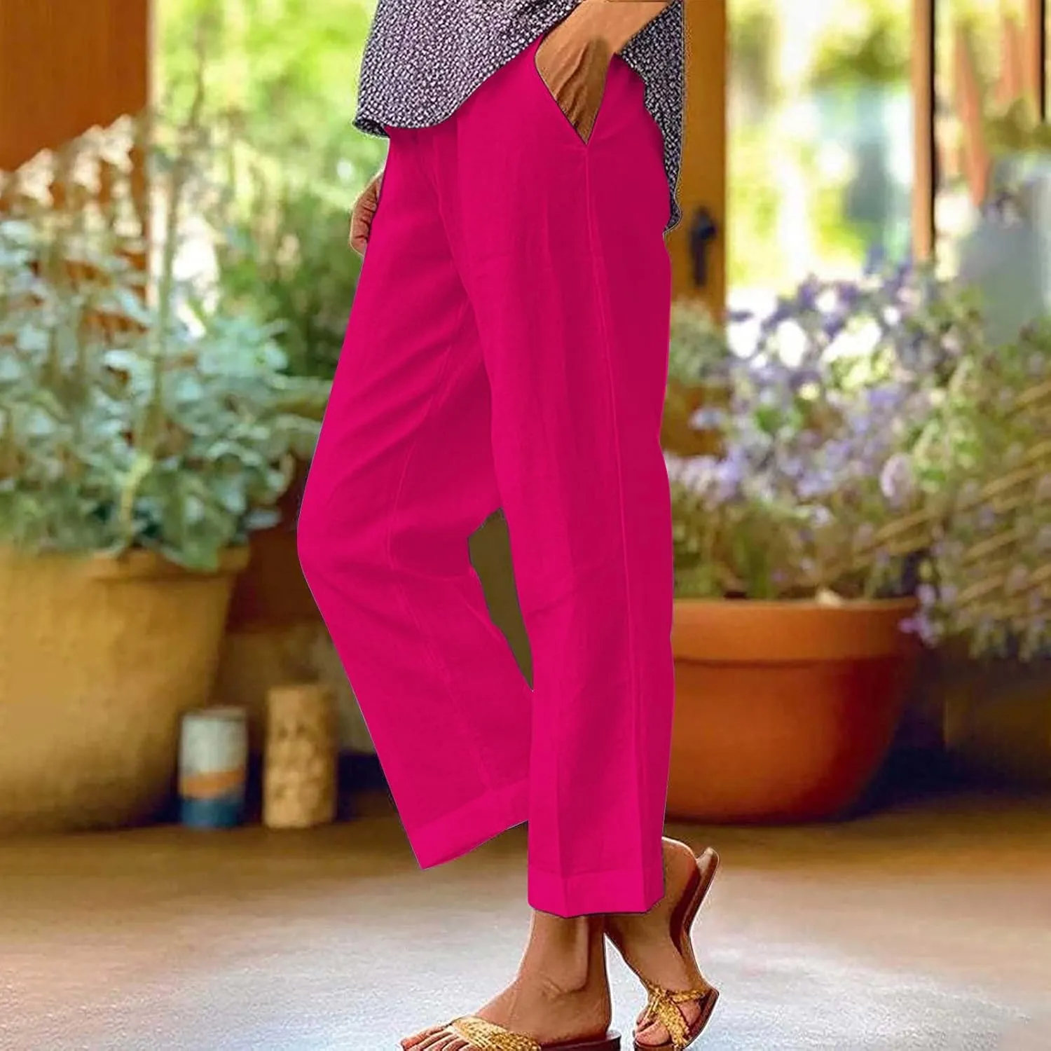 Linen Capri Pants for Women High Waisted Straight Leg Cropped Lounge Pant Comfy Soft Gauze Trousers with Pockets