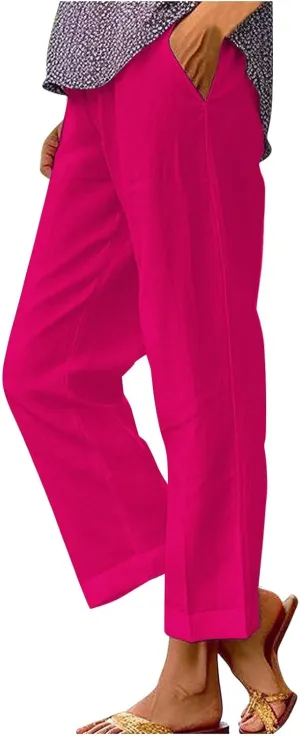 Linen Capri Pants for Women High Waisted Straight Leg Cropped Lounge Pant Comfy Soft Gauze Trousers with Pockets