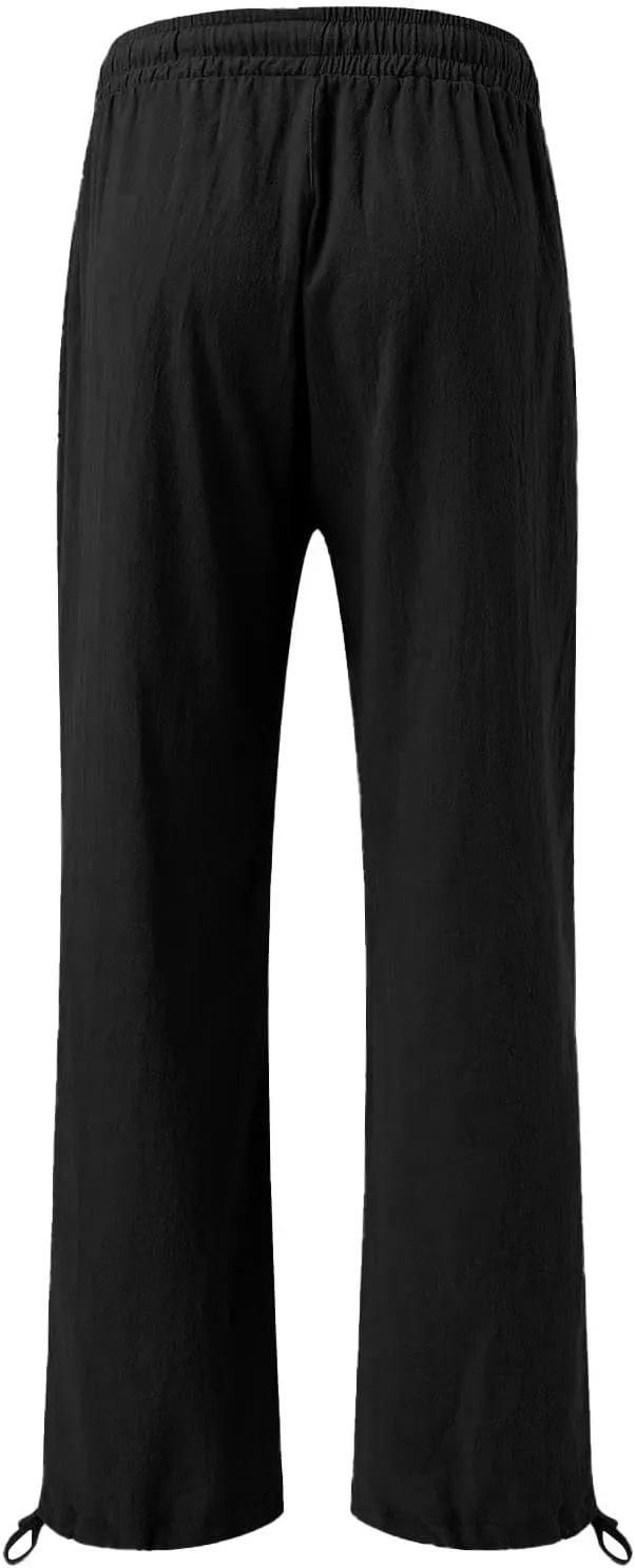 Linen Palazzo Pants for Women Dressy Summer Wide Leg Flowy Pants Boho Drawstring Beach Lounge Trousers with Pockets