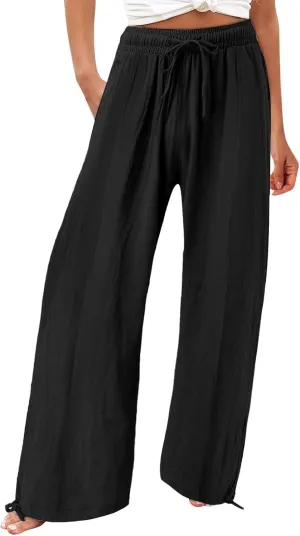 Linen Palazzo Pants for Women Dressy Summer Wide Leg Flowy Pants Boho Drawstring Beach Lounge Trousers with Pockets